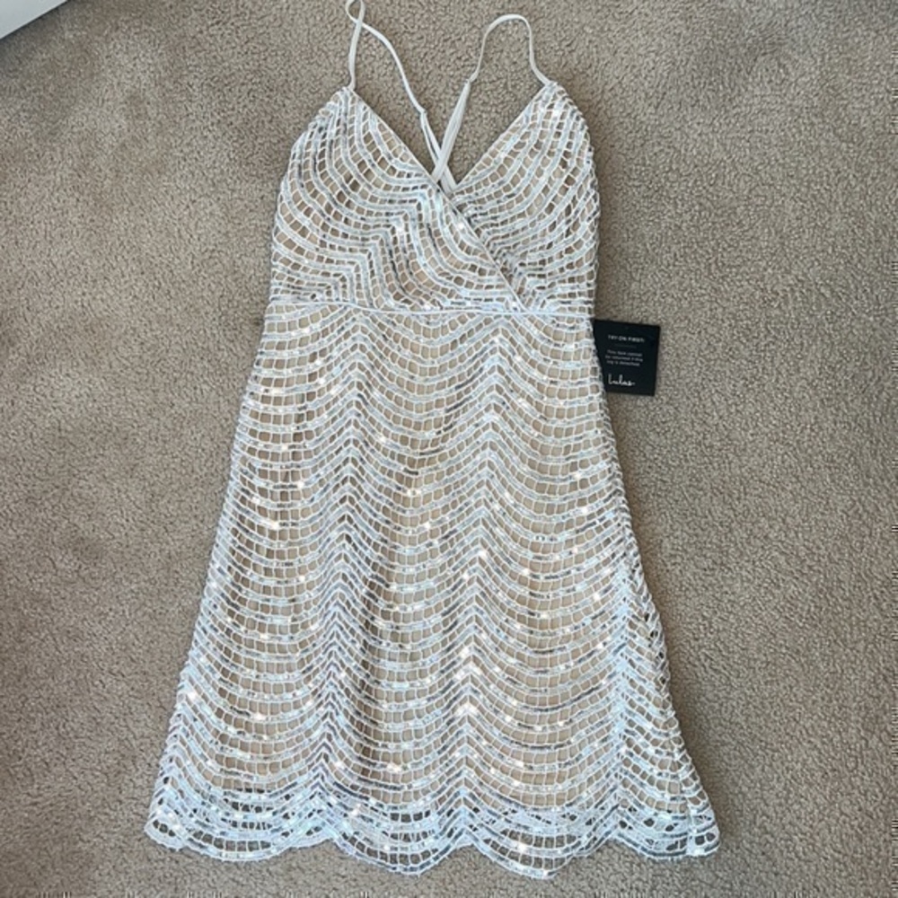 Lulu’s Sequin Lace Silver White Criss Cross Strap Mini Dress